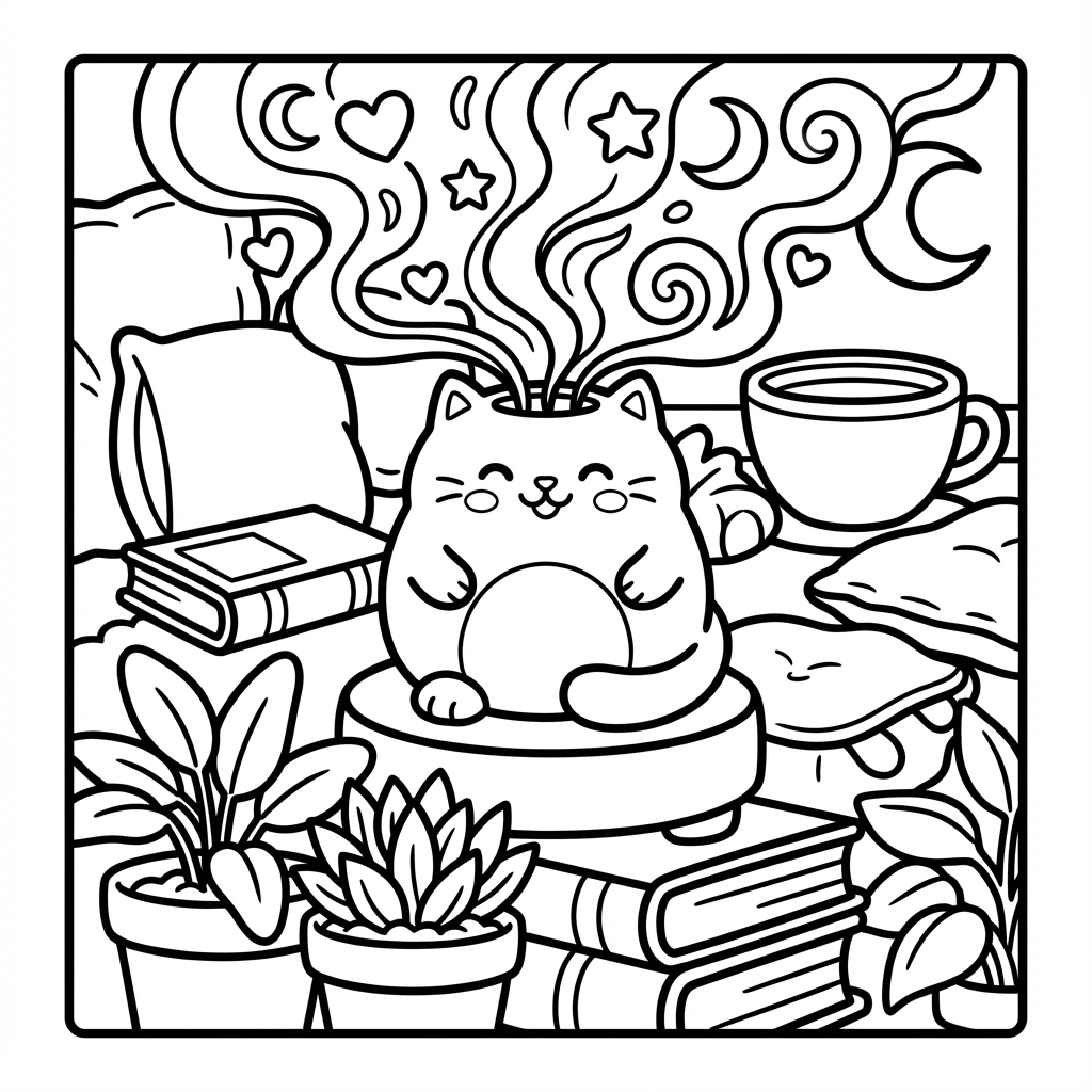 Cute cat incense burner emitting cosmic smoke, a great bold and easy coloring pages option.
